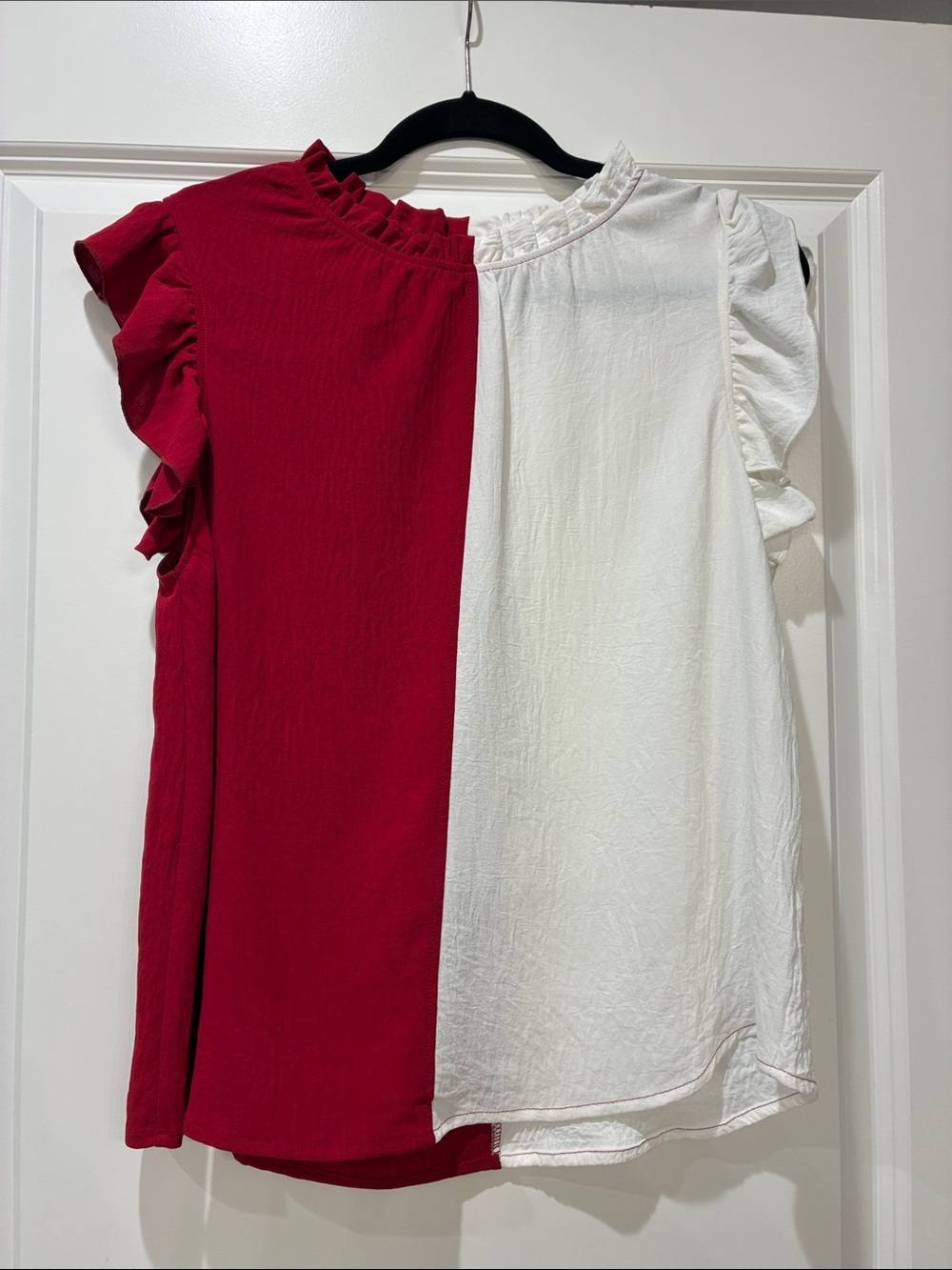 Red and White Ruffled Sleeve Colorblock Blouse
